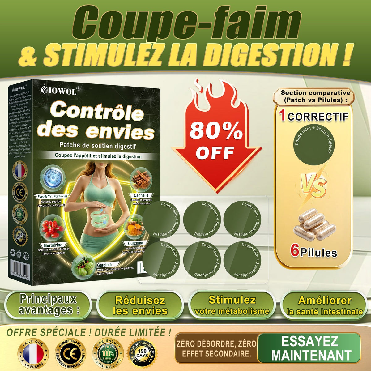 IOWOL ® PATCHS DE CONTRÔLE DE L'APPÉTIT ! AUCUN MÉDICAMENT & AUCUN FAIM & AUCUN COMBAT & 100% DE RÉSULTATS.