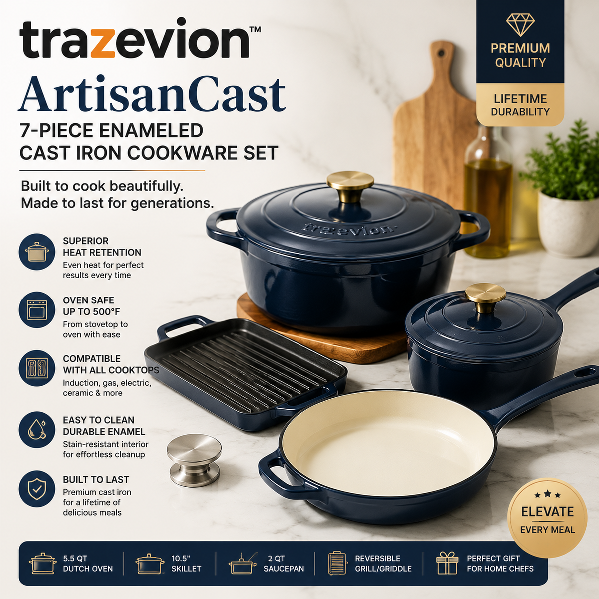 trazevion™ ArtisanCast 7-Piece Enameled Cast Iron Cookware Set
