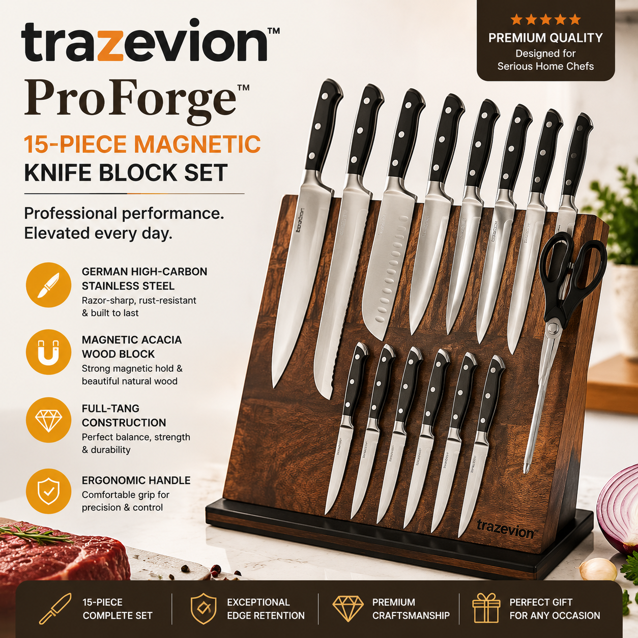 trazevion™ ProForge™ Magnetic Acacia Knife Block Set (15-Piece)