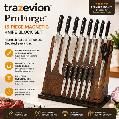 trazevion™ ProForge™ Magnetic Acacia Knife Block Set (15-Piece)