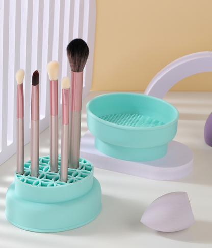 Support de séchage perforé pour pinceaux de maquillage avec bac de nettoyage