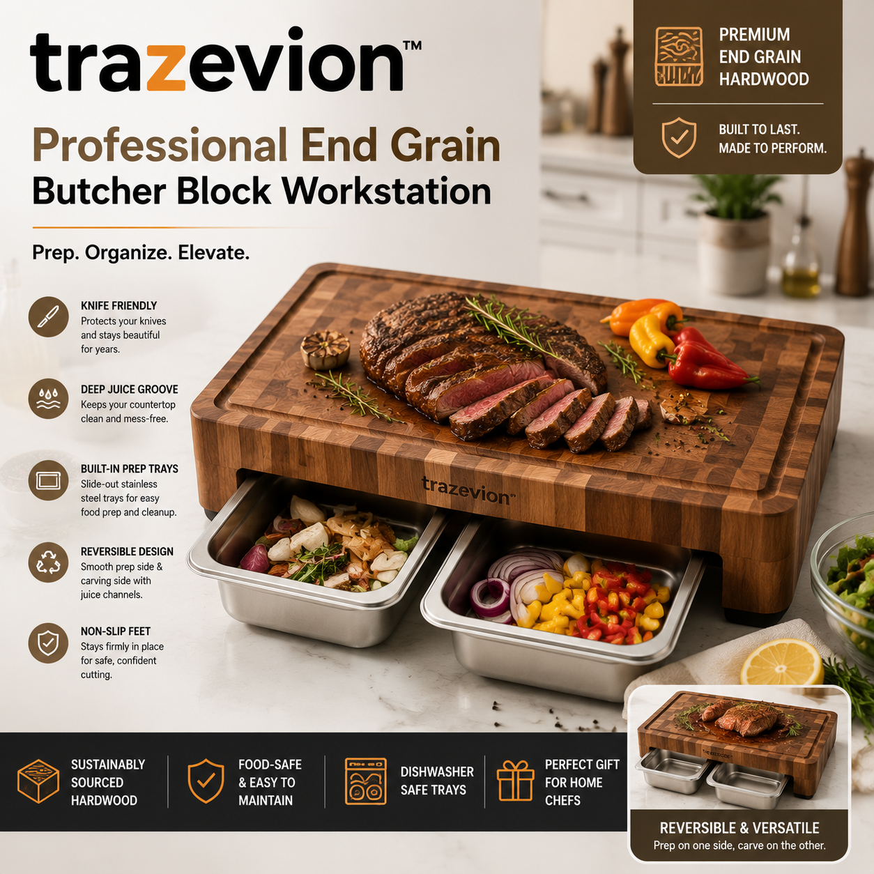 trazevion™ Professional End Grain Butcher Block Workstation